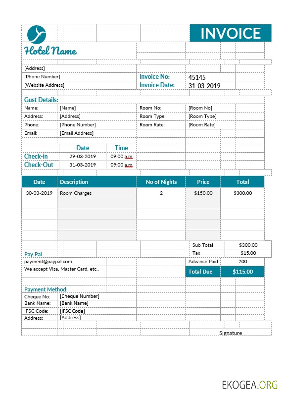Modèle de facture de chambre d'hôtel